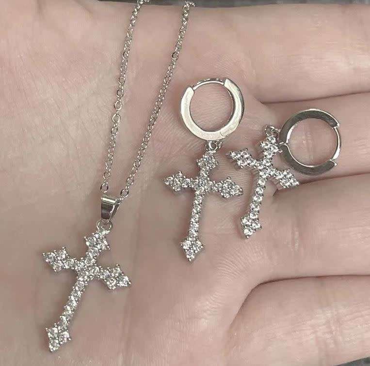3 Piece Silver Cross Shaped Rhinestone Earrings and Necklace Set in a Complimentary Gift Box