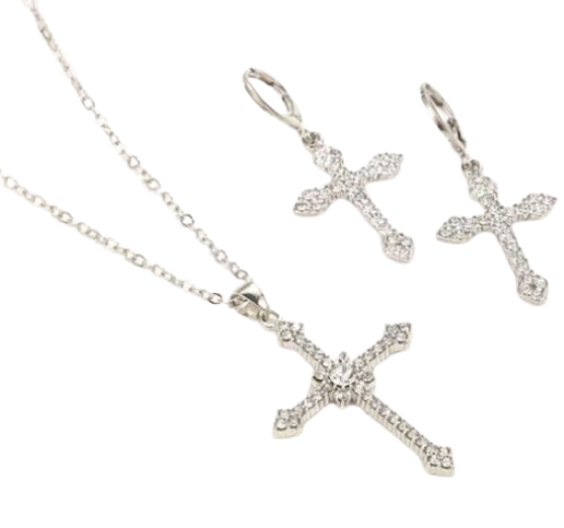 3 Piece Silver Cross Shaped Rhinestone Earrings and Necklace Set in a Complimentary Gift Box