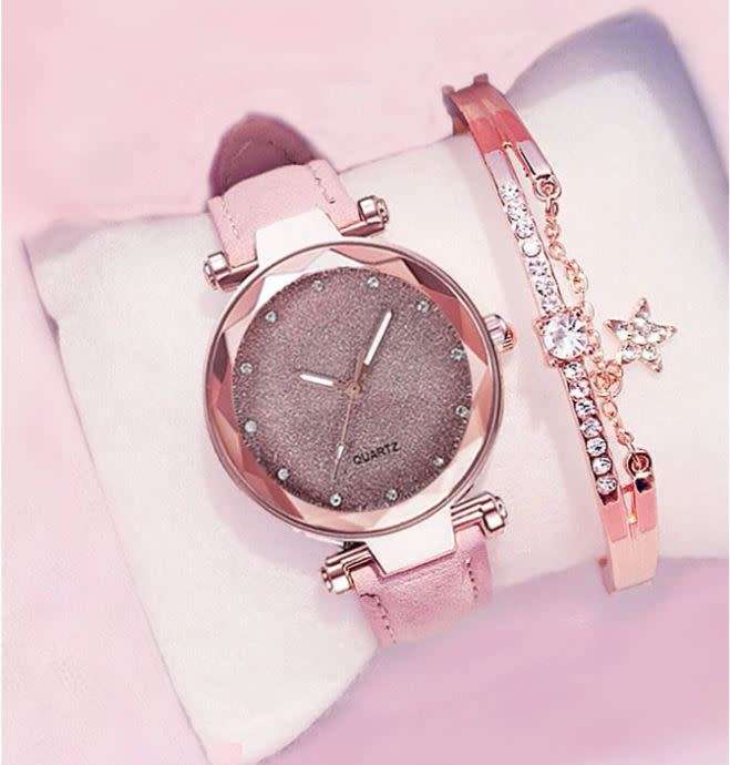 2 Piece Rhinestone Round Pointer Date Quartz Watch & Bracelet in Complimentary Gift Box
