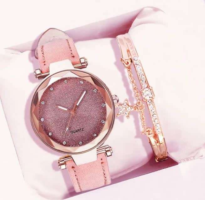 2 Piece Rhinestone Round Pointer Date Quartz Watch & Bracelet in Complimentary Gift Box