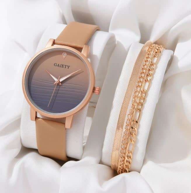 2 Piece Ombre Round Pointer Quartz Watch & 1 Piece 3 Layered Bracelet in Complimentary Gift Box
