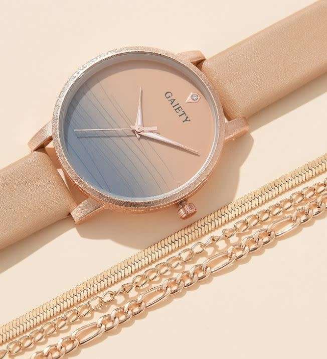 2 Piece Ombre Round Pointer Quartz Watch & 1 Piece 3 Layered Bracelet in Complimentary Gift Box