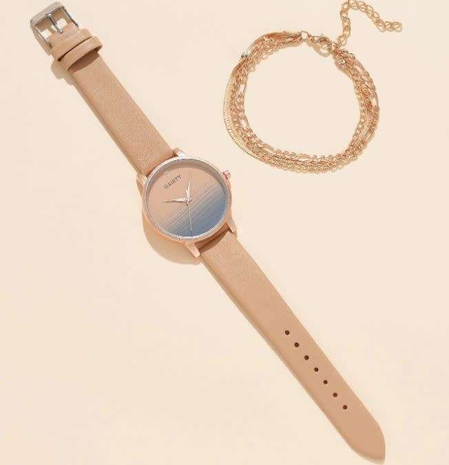 2 Piece Ombre Round Pointer Quartz Watch & 1 Piece 3 Layered Bracelet in Complimentary Gift Box
