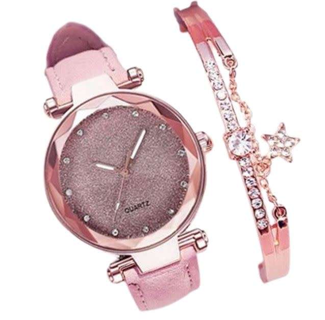 2 Piece Rhinestone Round Pointer Date Quartz Watch & Bracelet in Complimentary Gift Box