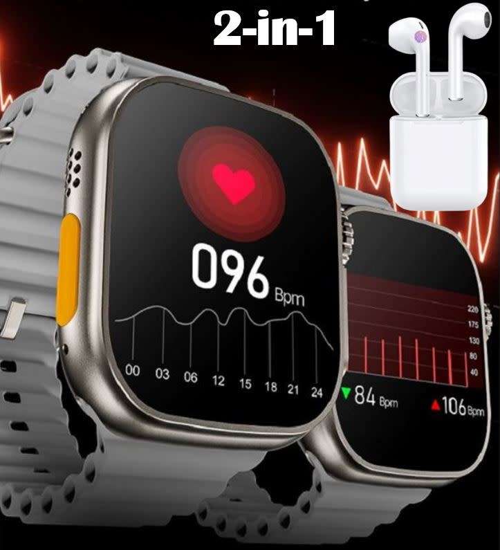 W8 Ultra with 2 Straps & TWS Earbuds, Zinc Alloy Body, Blood Oxygen, Heart Rate, Blood Pressure...