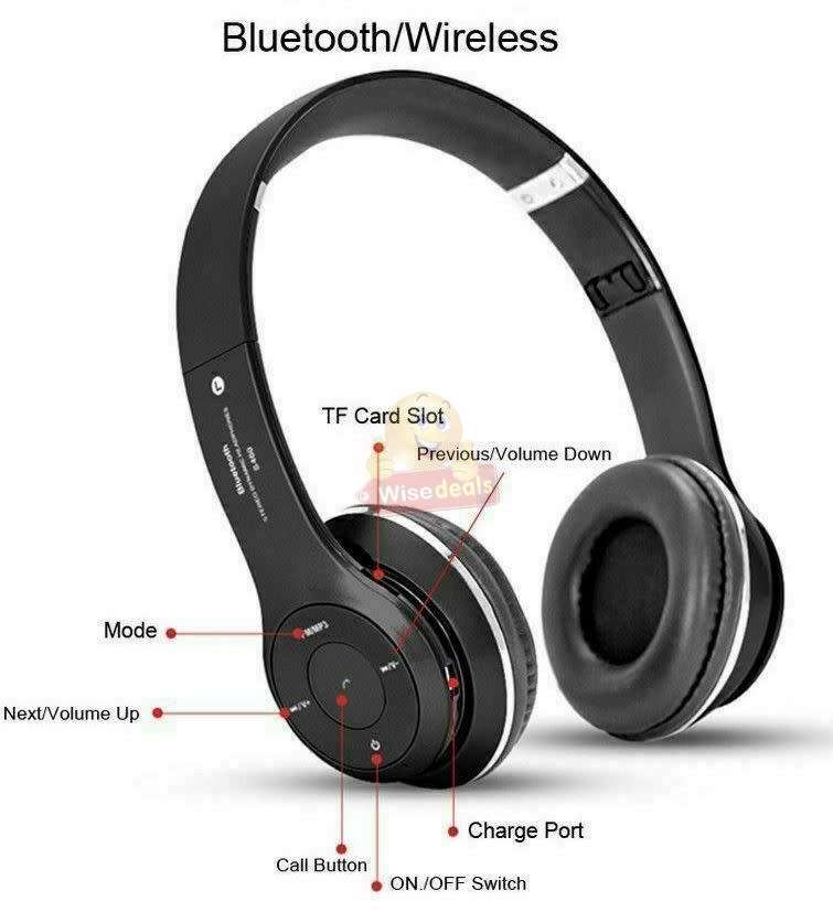 Foldable Wireless Bluetooth Headphones with SD Card function, FM Radio etc