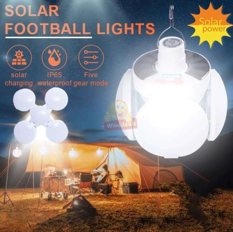 SOLAR 90° Foldable LED Fan Foodball Light, Also Charge with USB, Waterproof