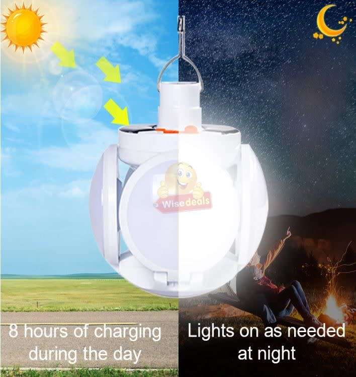 SOLAR 90° Foldable LED Fan Foodball Light, Also Charge with USB, Waterproof