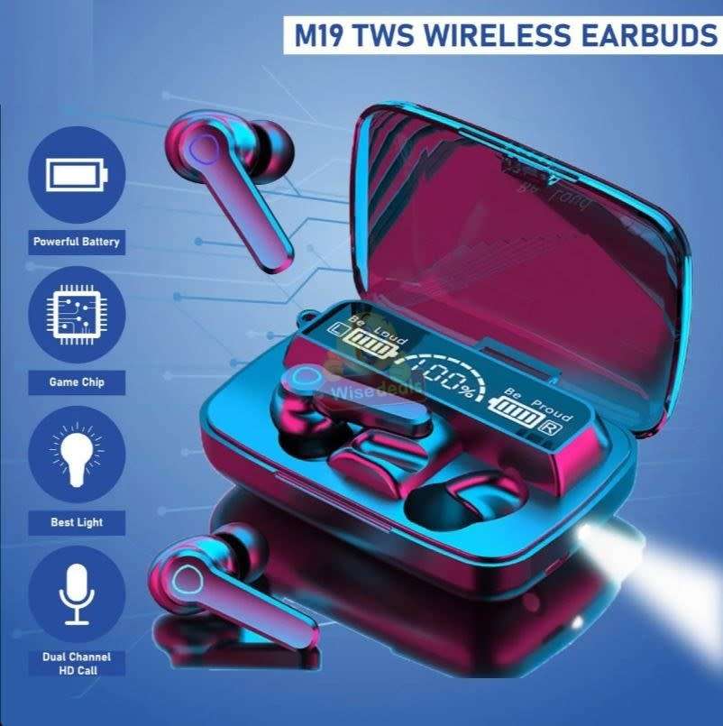 LATEST M19 LED Display Wireless Bluetooth Earbuds with Siri Voice Assistant, Waterproof, Power Bank