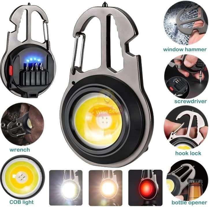 6 in 1 Keychain companion for your keys - Mini-COB keyring lights and 5 more functions