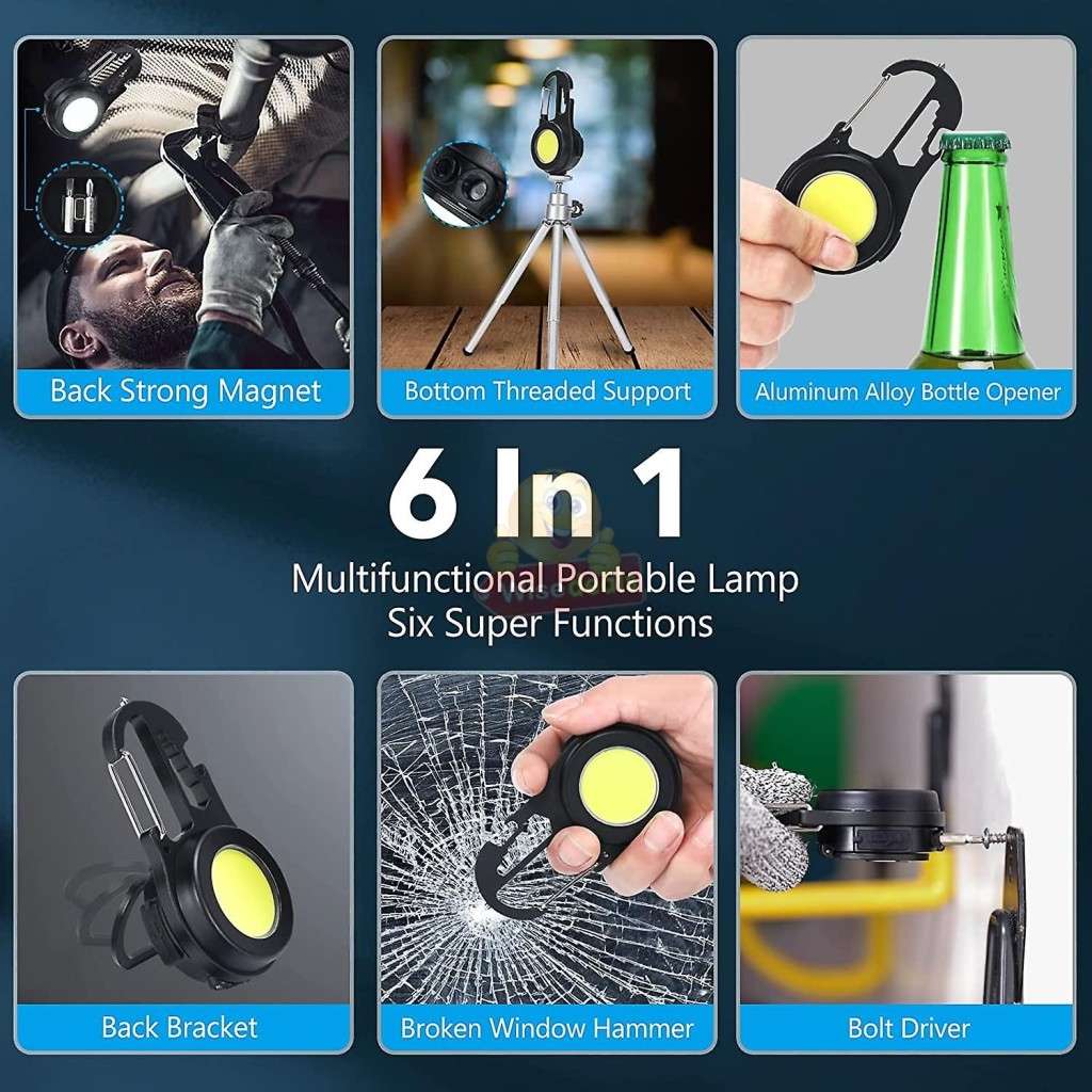 6 in 1 Keychain companion for your keys - Mini-COB keyring lights and 5 more functions