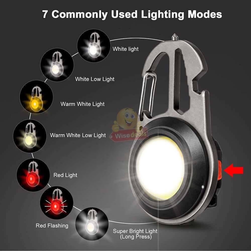 6 in 1 Keychain companion for your keys - Mini-COB keyring lights and 5 more functions