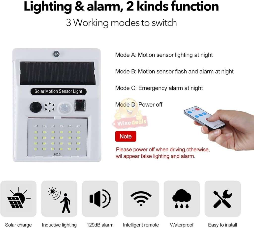 Solar Sound and Alarm Wall Light with 3 Setting Modes, Auto-sensing, No Wiring required