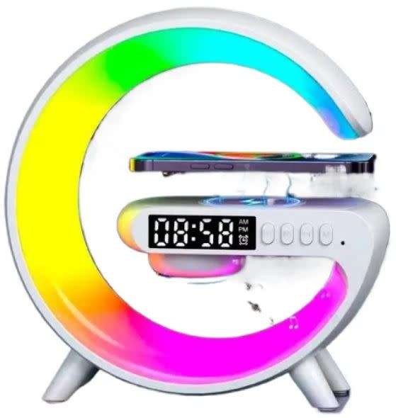 Bluetooth 360° Surround Sound Speaker and Wireless Charger, Alarm with Snooze and Colourful Lights