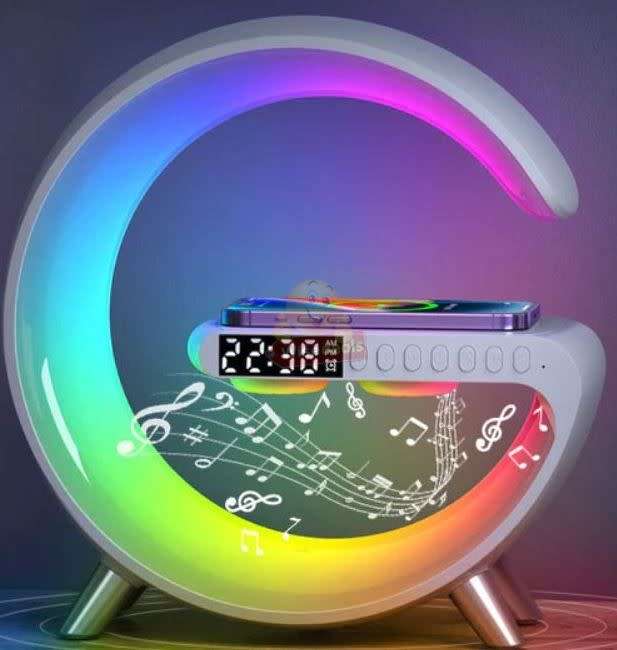 Bluetooth 360° Surround Sound Speaker and Wireless Charger, Alarm with Snooze and Colourful Lights