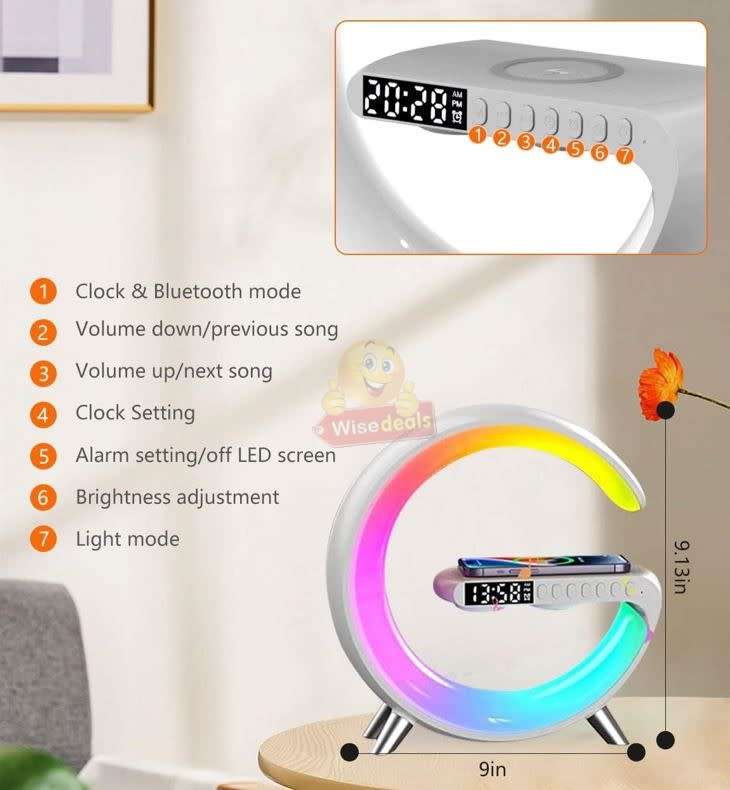 Bluetooth 360° Surround Sound Speaker and Wireless Charger, Alarm with Snooze and Colourful Lights