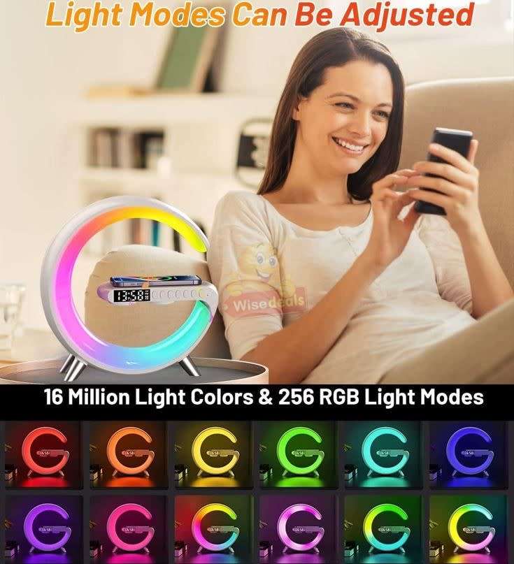 Bluetooth 360° Surround Sound Speaker and Wireless Charger, Alarm with Snooze and Colourful Lights