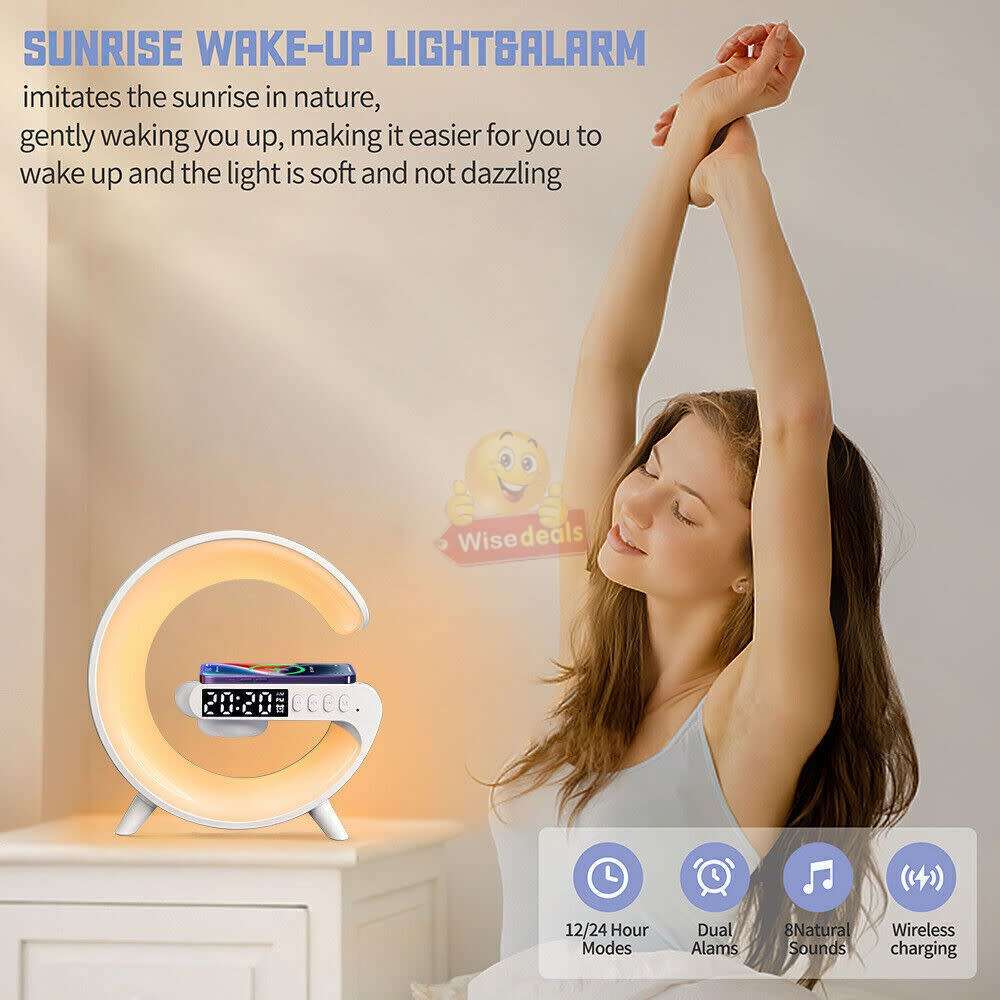 Bluetooth 360° Surround Sound Speaker and Wireless Charger, Alarm with Snooze and Colourful Lights