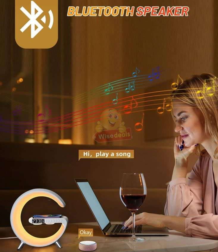 Bluetooth 360° Surround Sound Speaker and Wireless Charger, Alarm with Snooze and Colourful Lights