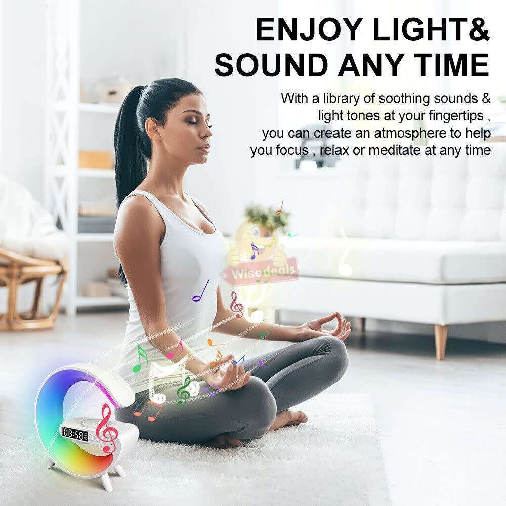 Bluetooth 360° Surround Sound Speaker and Wireless Charger, Alarm with Snooze and Colourful Lights