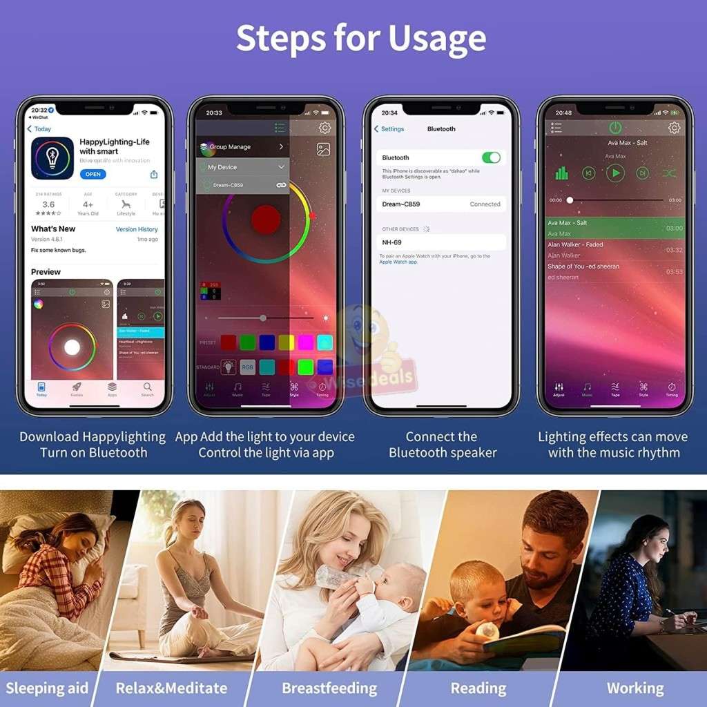 Bluetooth 360° Surround Sound Speaker and Wireless Charger, Alarm with Snooze and Colourful Lights