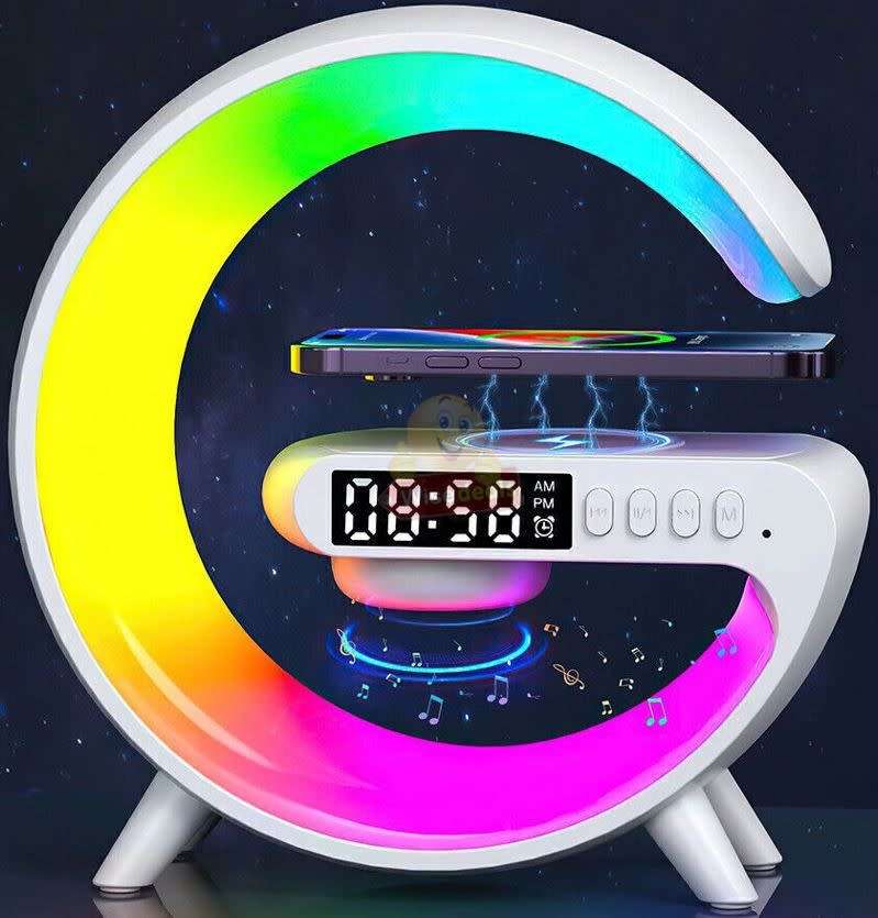 Bluetooth 360° Surround Sound Speaker and Wireless Charger, Alarm with Snooze and Colourful Lights