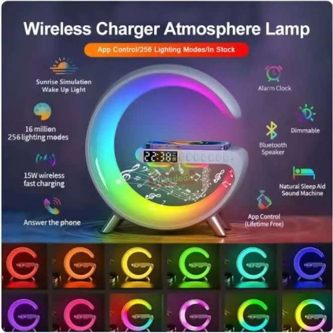 Bluetooth 360° Surround Sound Speaker and Wireless Charger, Alarm with Snooze and Colourful Lights
