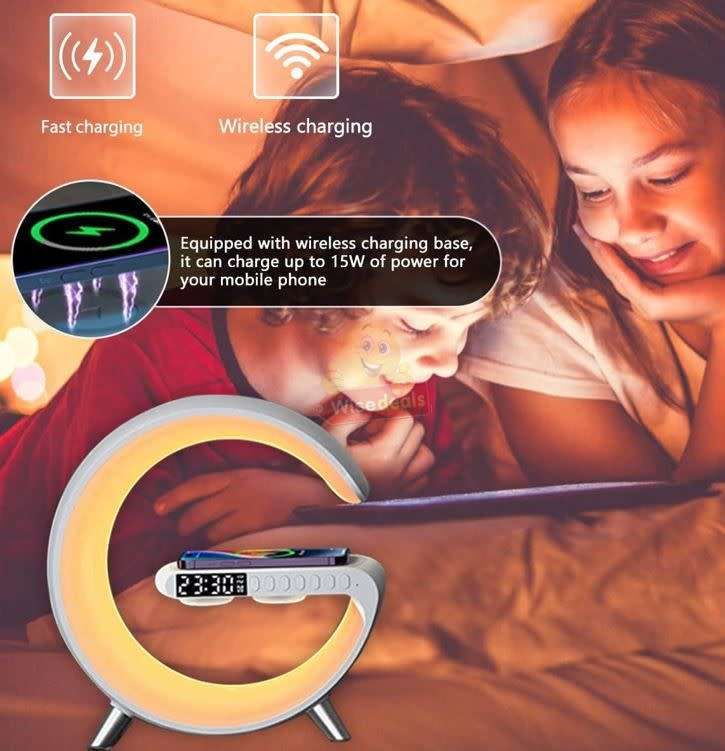 Bluetooth 360° Surround Sound Speaker and Wireless Charger, Alarm with Snooze and Colourful Lights