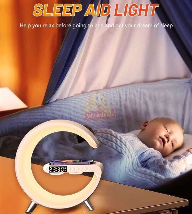 Bluetooth 360° Surround Sound Speaker and Wireless Charger, Alarm with Snooze and Colourful Lights