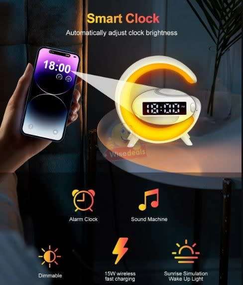 Bluetooth 360° Surround Sound Speaker and Wireless Charger, Alarm with Snooze and Colourful Lights