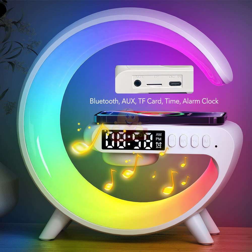 Bluetooth 360° Surround Sound Speaker and Wireless Charger, Alarm with Snooze and Colourful Lights