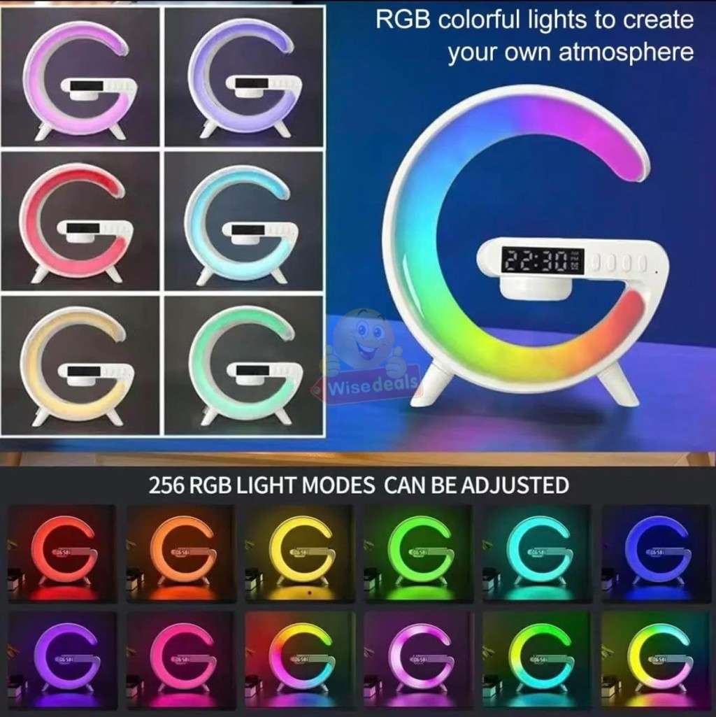 Bluetooth 360° Surround Sound Speaker and Wireless Charger, Alarm with Snooze and Colourful Lights