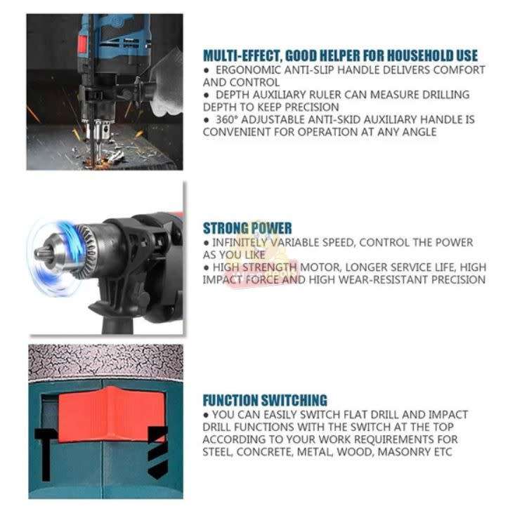Electric 360 Degree Rotary Multifunctional Impact Drill with a lot of Accessories in a Carry Case