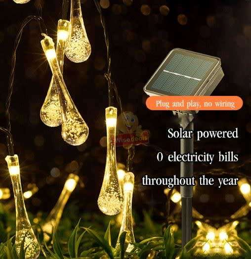 5m Waterproof SOLAR Powered Water Drop String Light Set  Zero Electricity
