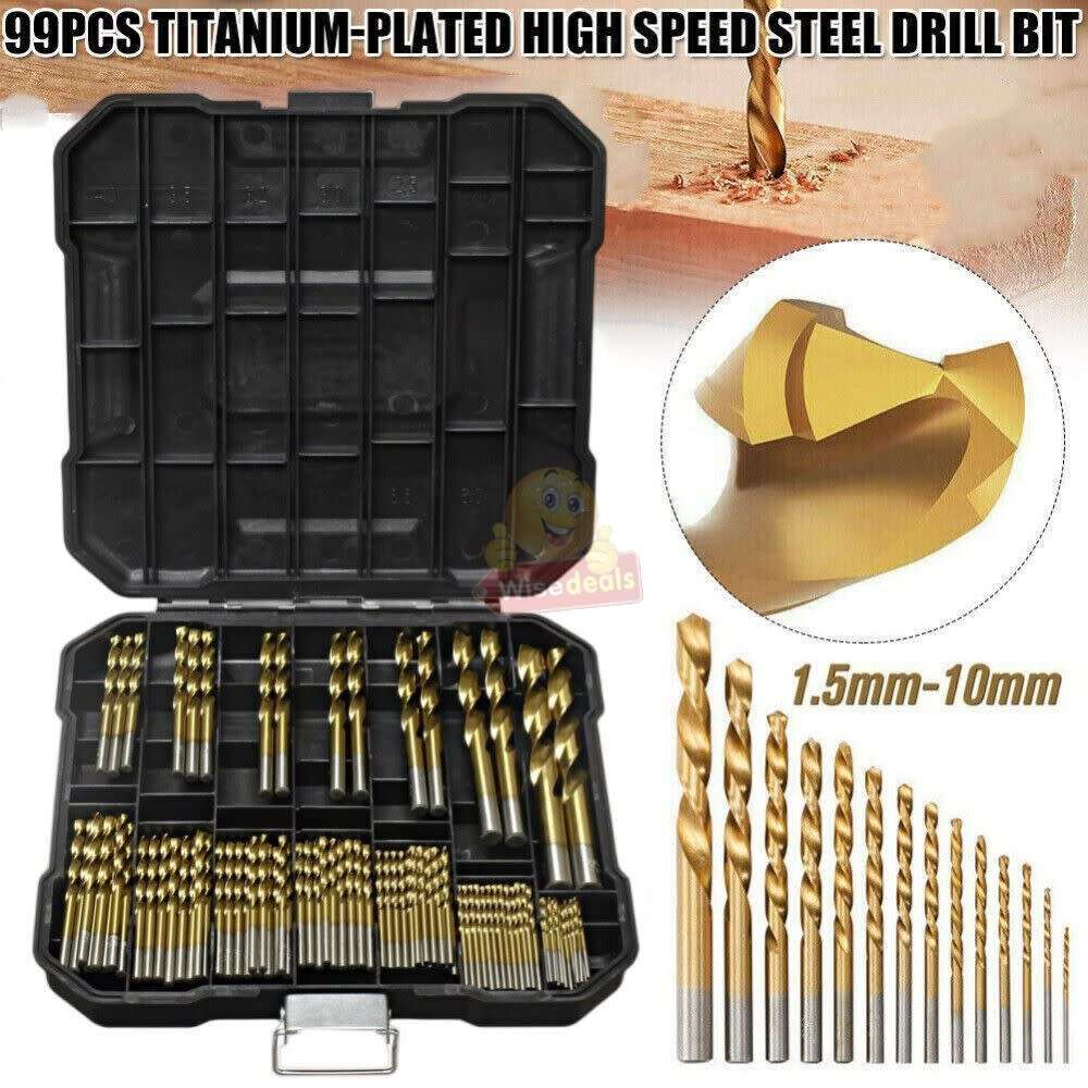 99 Piece Titanium High Speed Steel Twist Drill Bit Set in Handy Carry Case - START R1 ONLY