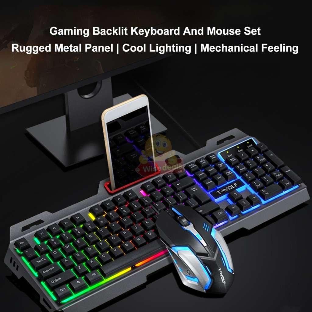 T-WOLF Gaming Keyboard and Mouse Set, 4D Buttons, Colourful Lights