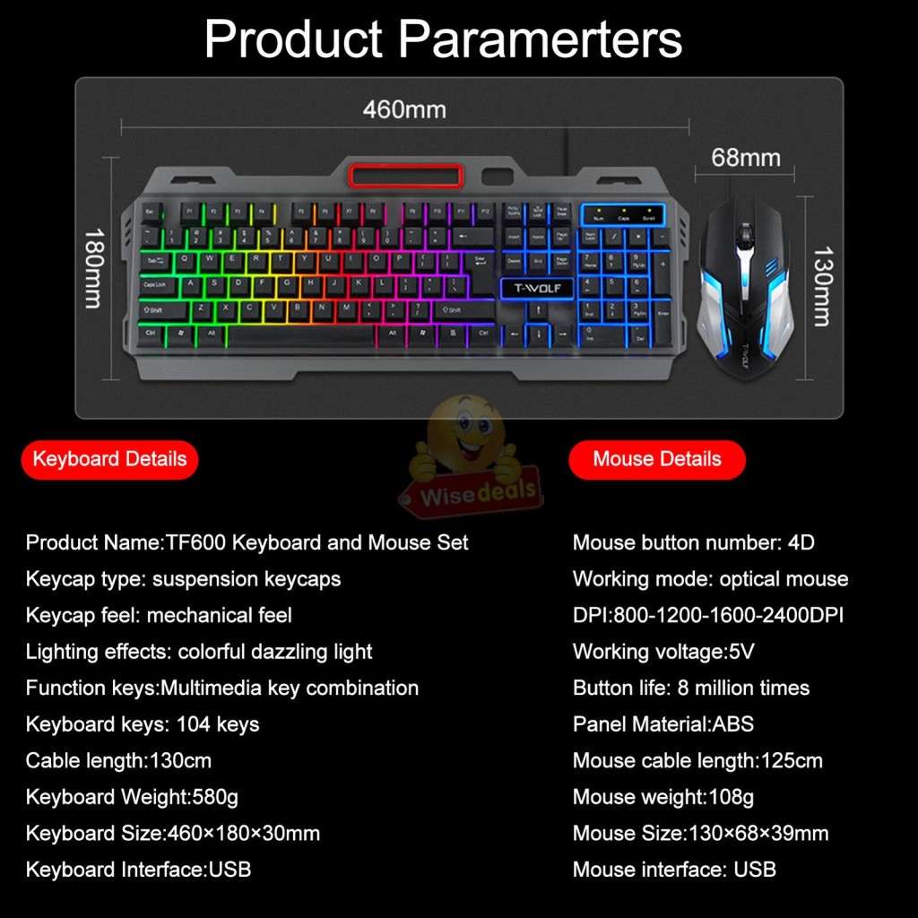 T-WOLF Gaming Keyboard and Mouse Set, 4D Buttons, Colourful Lights