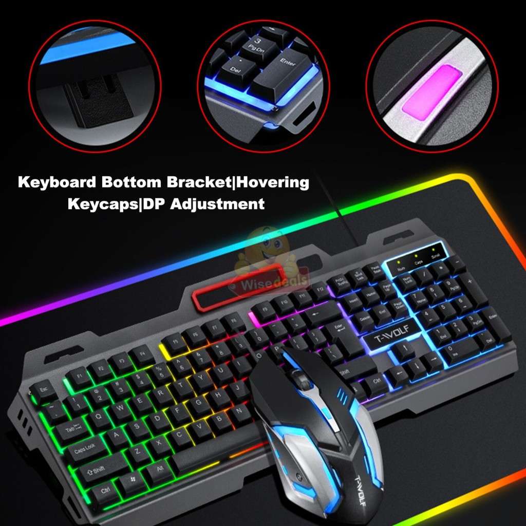 T-WOLF Gaming Keyboard and Mouse Set, 4D Buttons, Colourful Lights