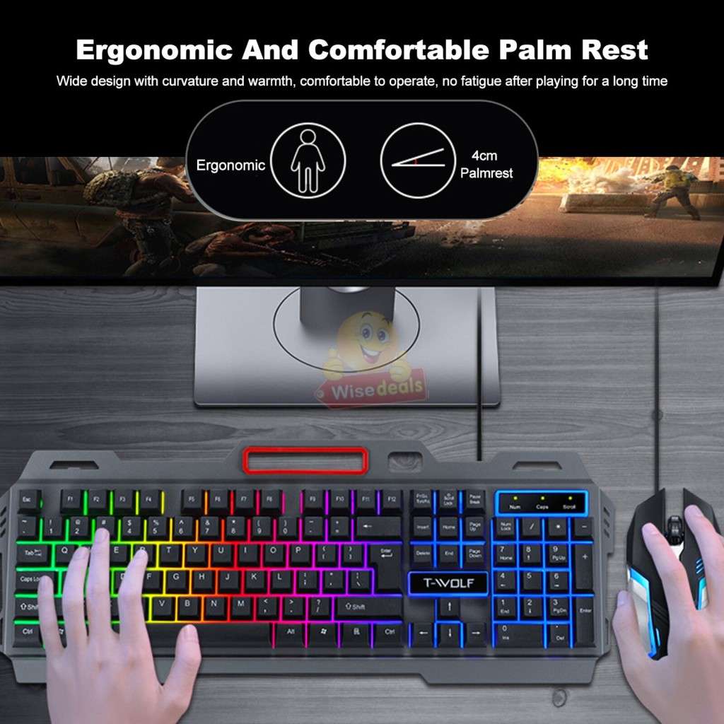 T-WOLF Gaming Keyboard and Mouse Set, 4D Buttons, Colourful Lights