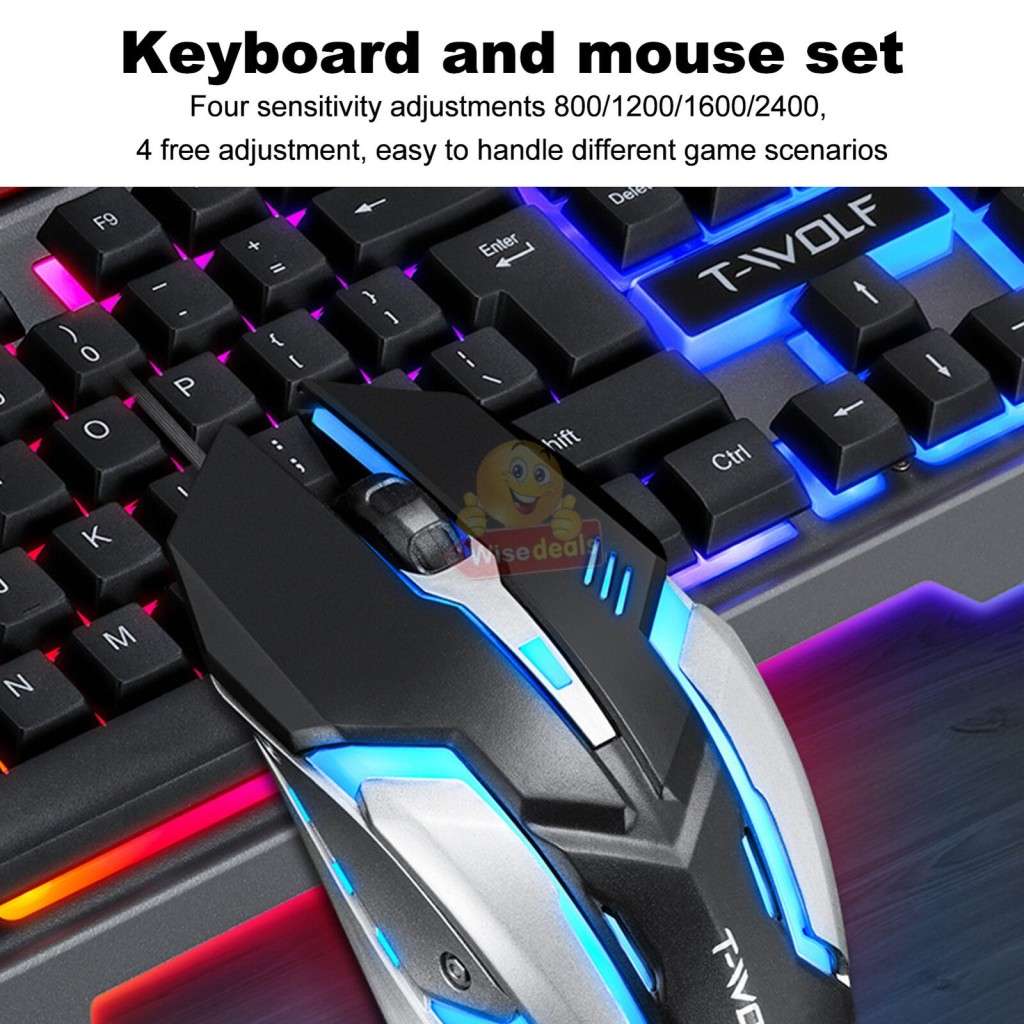 T-WOLF Gaming Keyboard and Mouse Set, 4D Buttons, Colourful Lights
