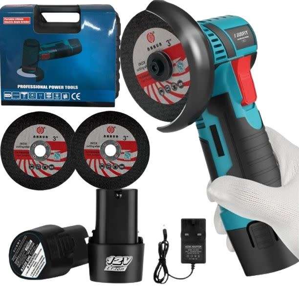 Cordless Rechargeable Angle Grinder Kit with 2 X Discs, Wrench, 2 X 12V Lithium Batteries & Case