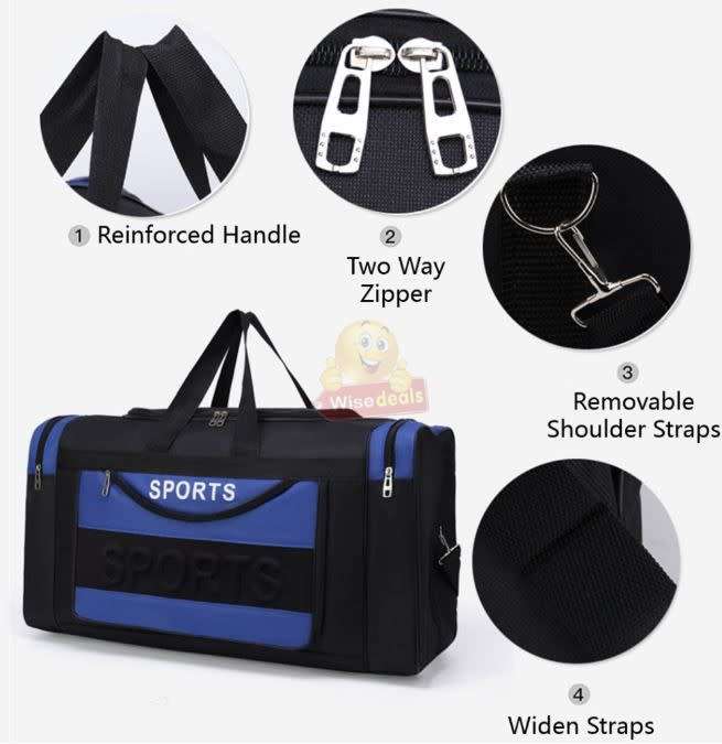 Large Sports Bag, Multi-Compartments, Durable and Water Resistant, Blue / Red / Black