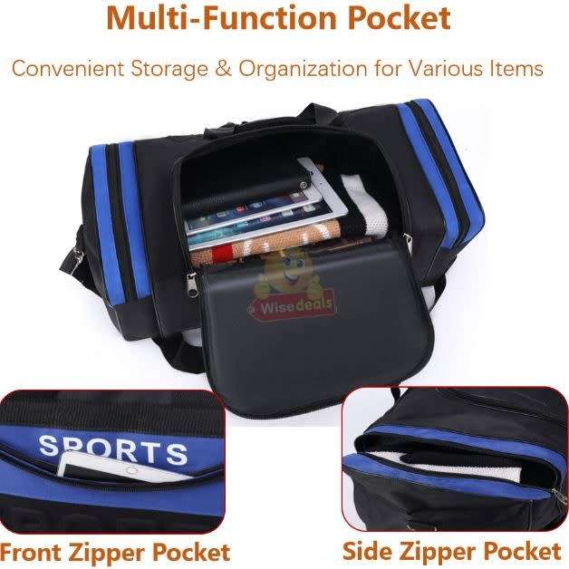 Large Sports Bag, Multi-Compartments, Durable and Water Resistant, Blue / Red / Black