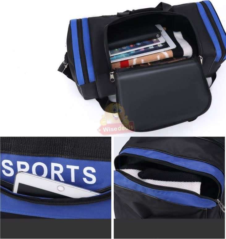 Large Sports Bag, Multi-Compartments, Durable and Water Resistant, Blue / Red / Black