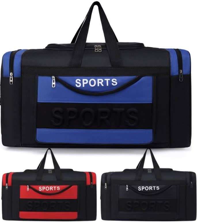 Large Sports Bag, Multi-Compartments, Durable and Water Resistant, Blue / Red / Black