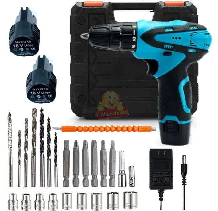 Cordless Rechargeable Drill Kit Set with 2 X 18V Lithium Batteries and Accessories