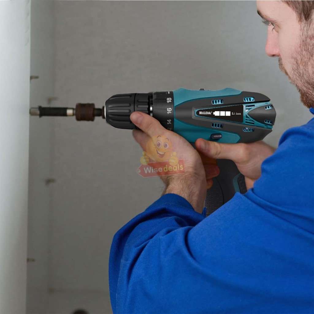 Cordless Rechargeable Drill Kit Set with 2 X 18V Lithium Batteries and Accessories