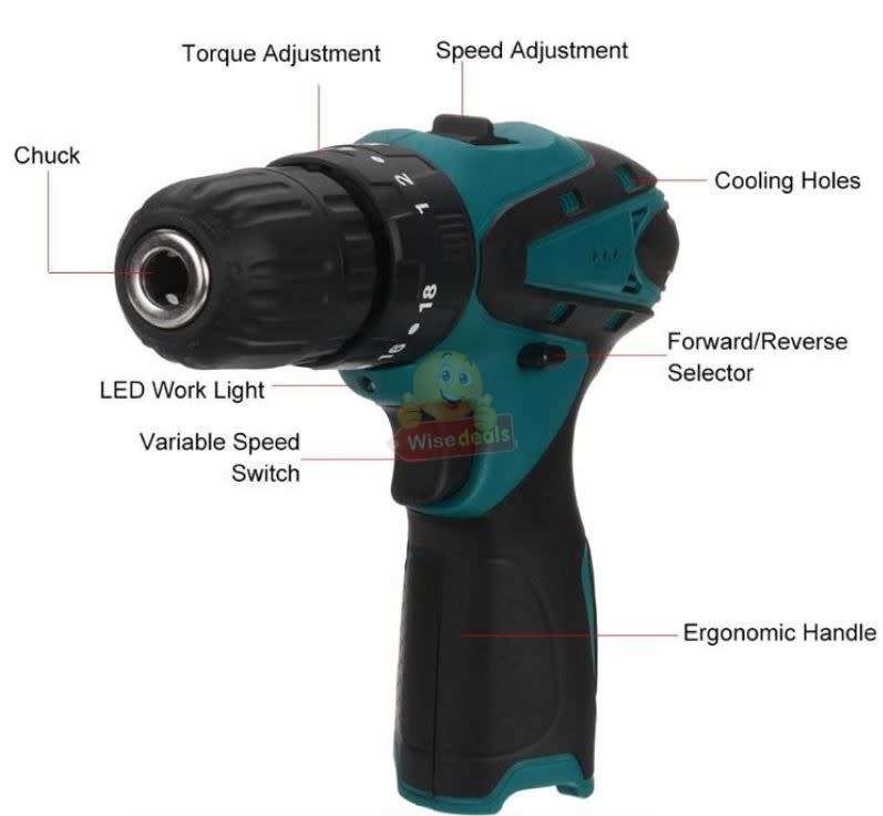 Cordless Rechargeable Drill Kit Set with 2 X 18V Lithium Batteries and Accessories
