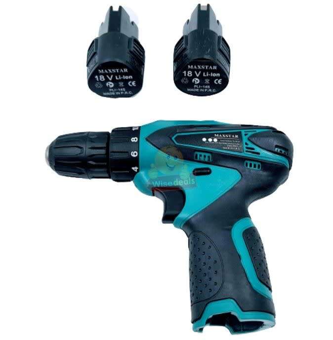 Cordless Rechargeable Drill Kit Set with 2 X 18V Lithium Batteries and Accessories