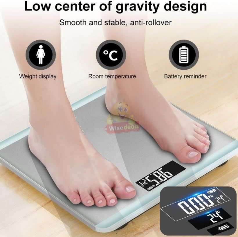 Tempered Glass Electronic Scale with LED Weight Display, Battery Reminder, with Anti-Slip Base